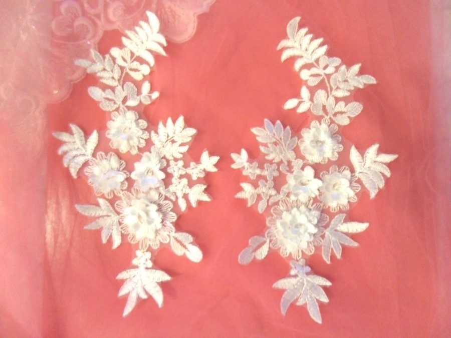 3D Embroidered Lace Appliques Snow White Floral Venice Lace Mirror Pair 8.25 Beautiful (DH68X)