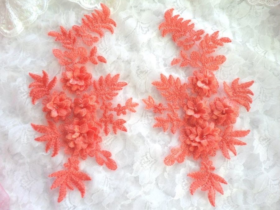 3D Embroidered Lace Appliques Watermelon Floral Venice Lace Mirror Pair 8.25 Beautiful (DH68X)