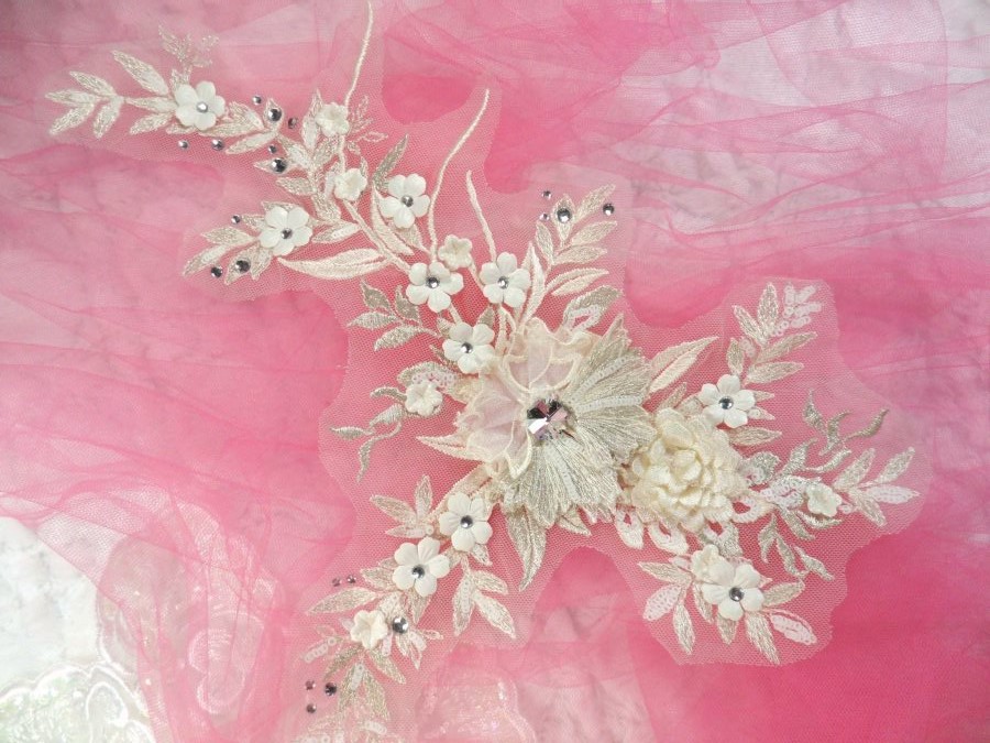 Embroidered 3D Applique Ivory Floral Sequin Patch Rhinestone Center 14 (DH70)