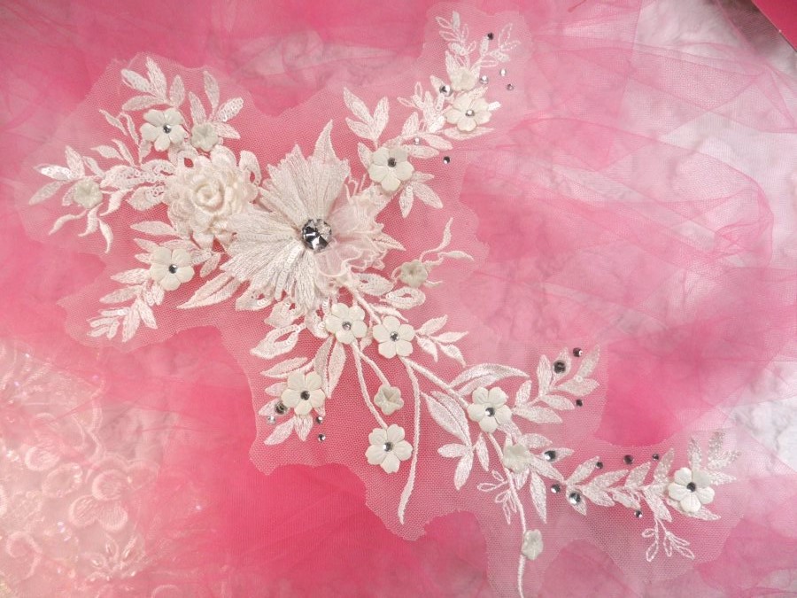 Embroidered 3D Applique Antique White Floral Sequin Patch Rhinestone Center 14 (DH70)