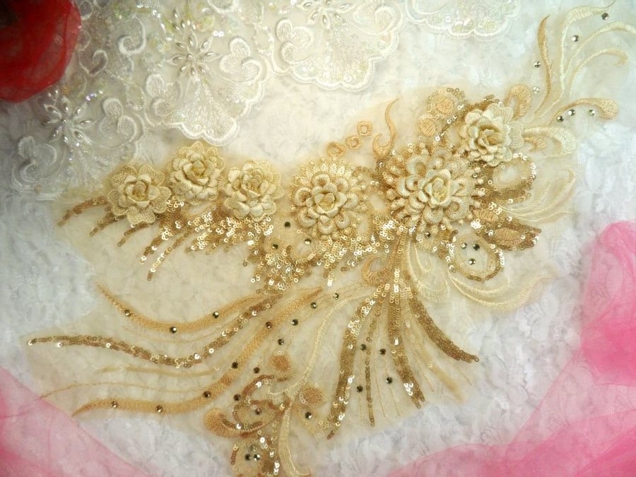 Embroidered 3D Applique Beige Gold Floral Sequin Patch Rhinestone Accented 20 (DH71)