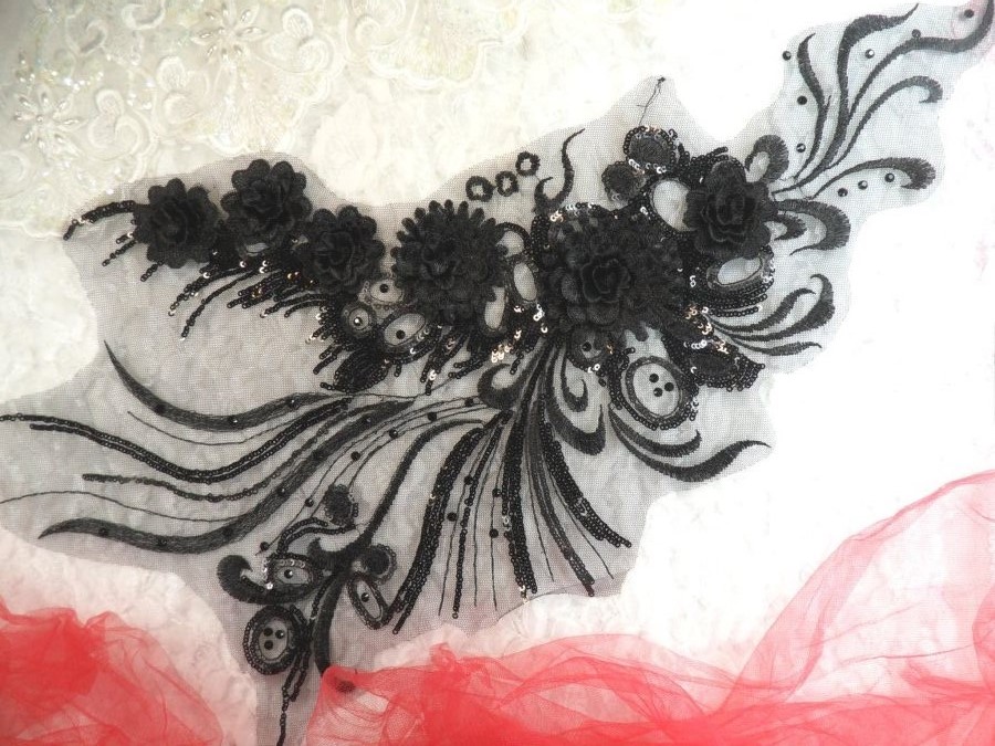 Embroidered 3D Applique Black Floral Sequin Patch Rhinestone Accented 20 (DH71)