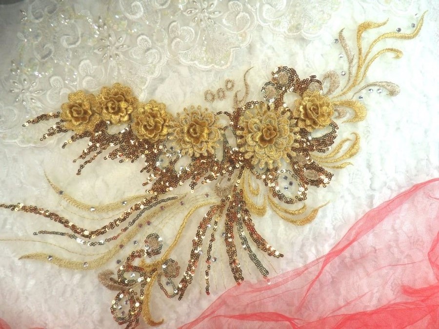 Embroidered 3D Applique Bronze Gold Floral Sequin Patch Rhinestone Accented 20 (DH71)