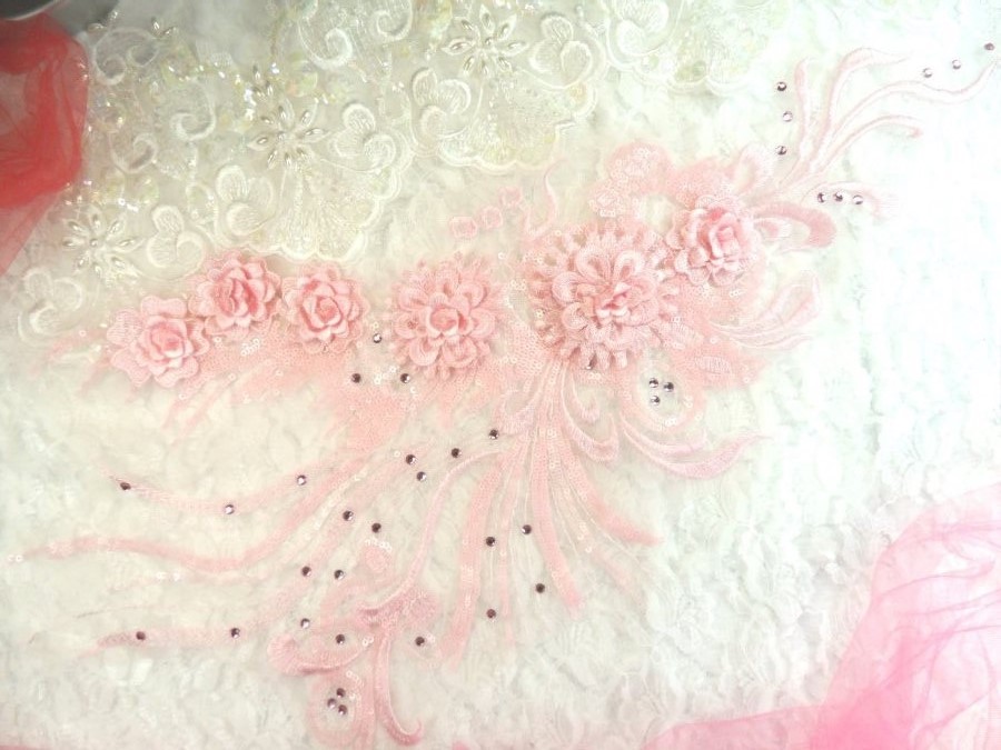 Embroidered 3D Applique Pink Floral Sequin Patch Rhinestone Accented 20 (DH71)
