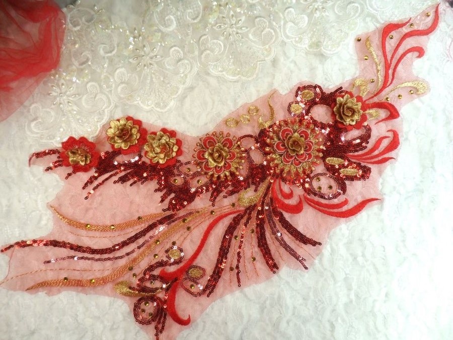 Embroidered 3D Applique Red Gold Floral Sequin Patch Rhinestone Accented 20 (DH71)