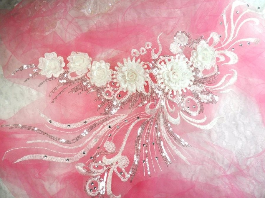 Embroidered 3D Applique White Floral Sequin Patch Rhinestone Accented 20 (DH71)