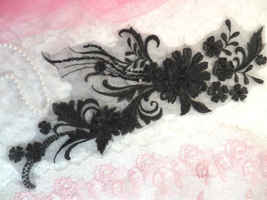 Embroidered 3D Applique Black Floral Sequin Patch  13 (DH72)