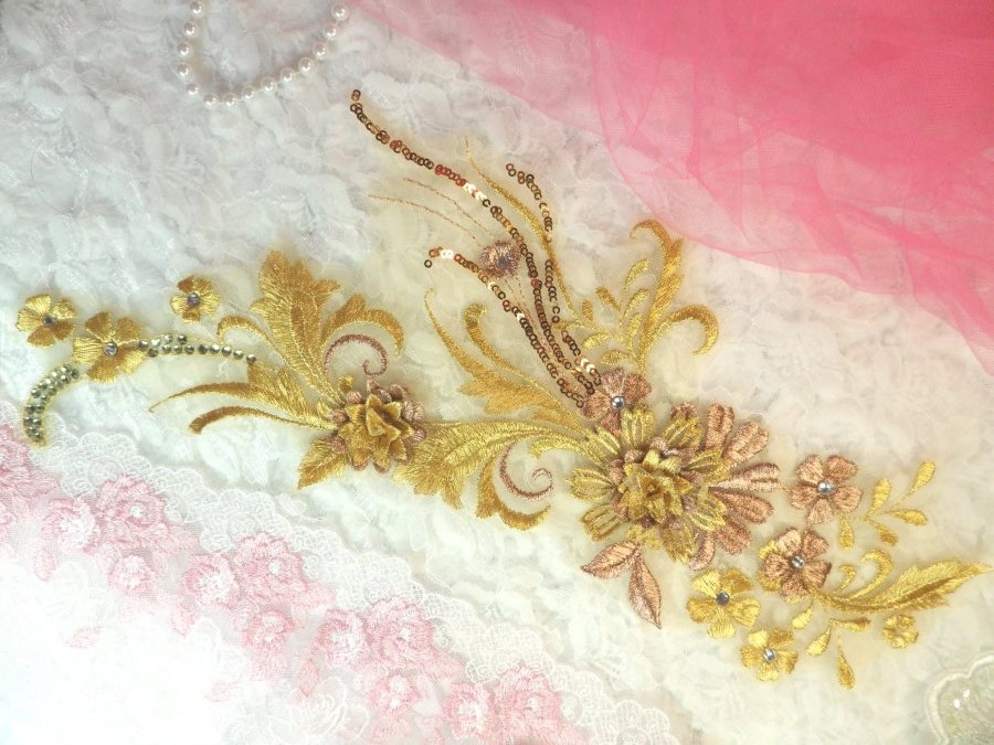 Embroidered 3D Applique Bronze Gold Floral Sequin Patch  13 (DH72)