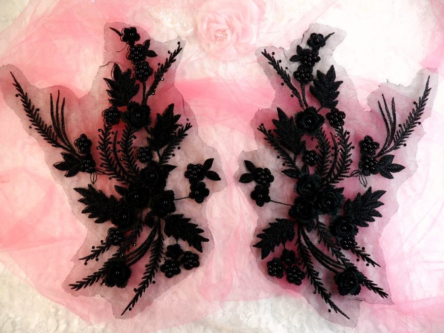Embroidered 3D Appliques Black Floral Mirror Pair Fabulous Detail 13 (DH76X)