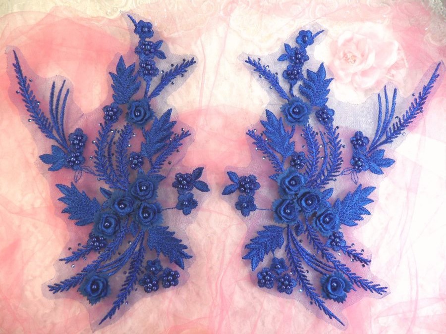 Embroidered 3D Appliques Royal Blue Floral Mirror Pair Fabulous Detail w/ Pearls 13 (DH76X)