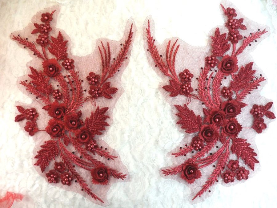 Embroidered 3D Appliques Burgundy Wine Floral Mirror Pair Fabulous Detail w/ Pearls 13 (DH76X)