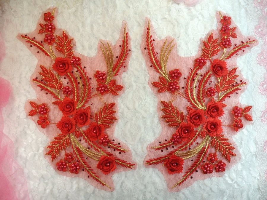 Embroidered 3D Appliques Red Gold Floral Mirror Pair Fabulous Detail w