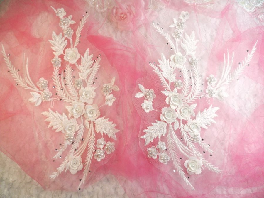 Embroidered 3D Appliques White Floral Mirror Pair Fabulous Detail 13 (DH76X)