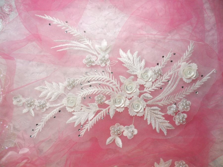 Embroidered 3D Applique White Floral w/ Pearls Ballet Costume or Bridal Gown Motif  13 (OSDH76L)