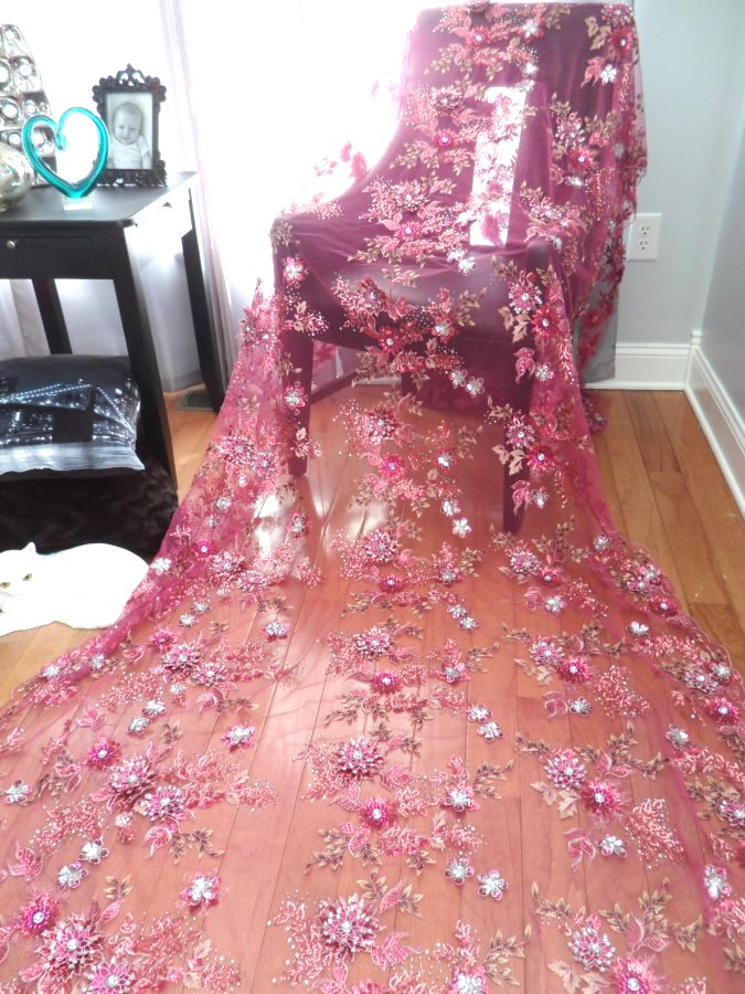 Embroidered 3D Applique Fabric Fuchsia Sequin Rhinestone Floral Design