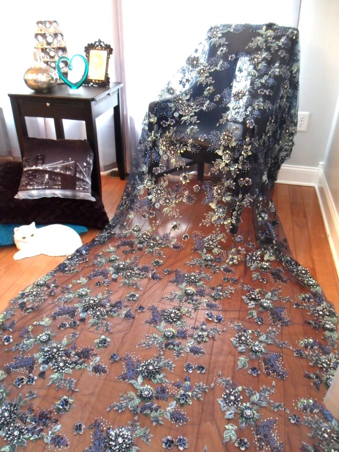 Embroidered 3D Applique Fabric Navy Blue Sequin Rhinestone Floral