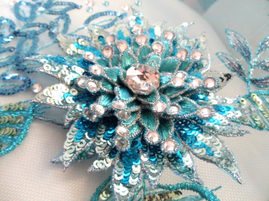 Embroidered 3D Applique Fabric Turquoise Sequin Rhinestone Floral Design (DH78)