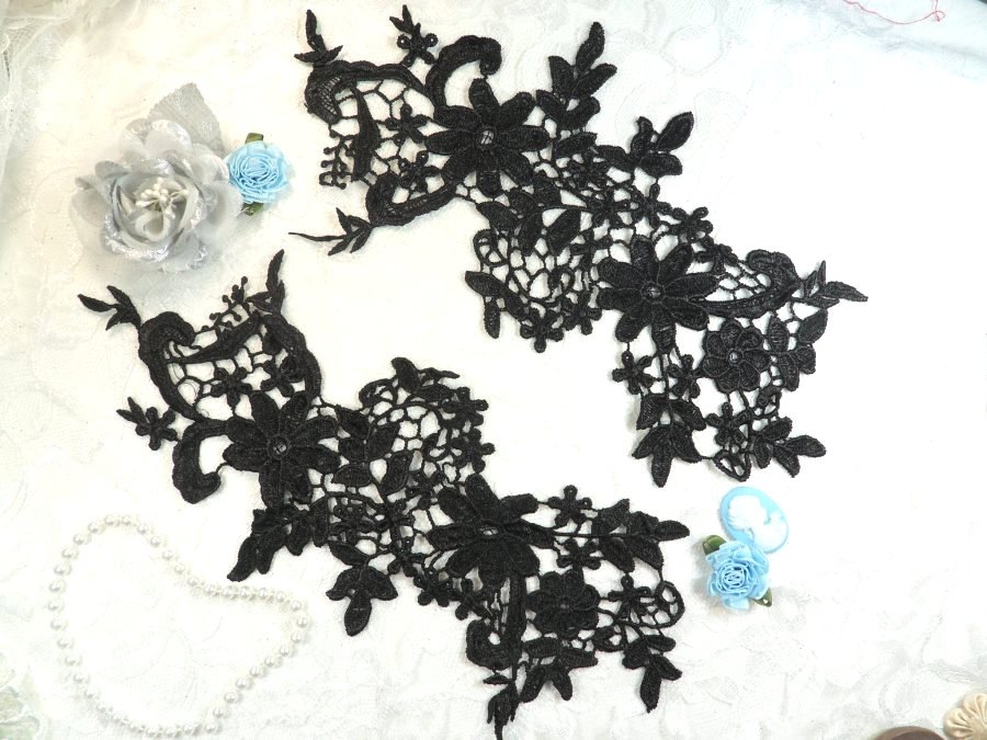 Appliques Embroidered Lace Black Floral Venice Mirror Pair Motifs 12.5 (DH79X)