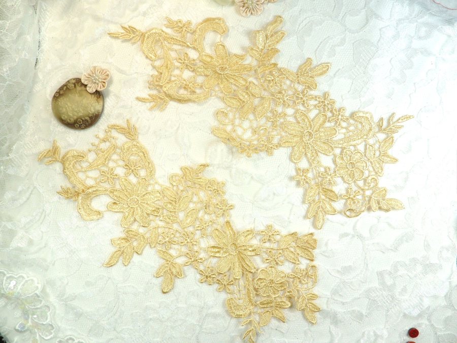 Appliques Embroidered Lace Gold Floral Venice Mirror Pair Motifs 12.5 (DH79X)