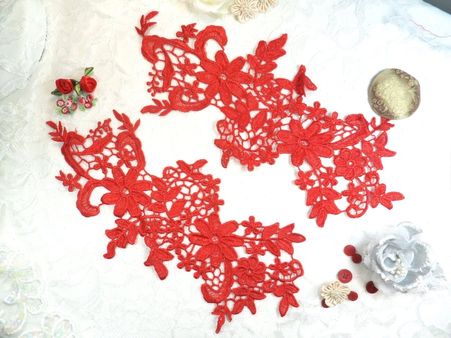 Appliques Embroidered Lace Red Floral Venice Mirror Pair Motifs 12.5 (DH79X)
