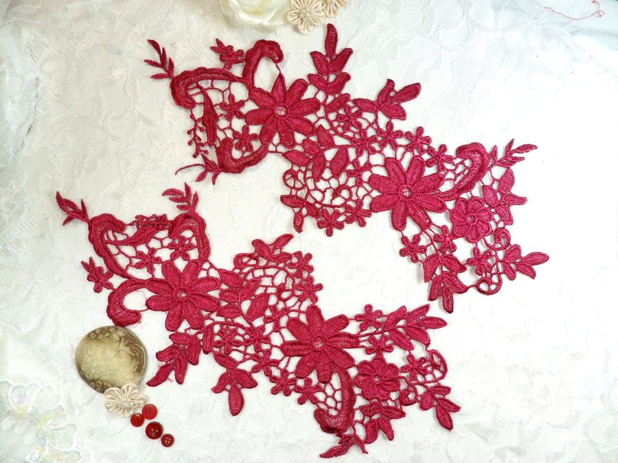 Appliques Embroidered Lace Wine Brick Red Burgundy Floral Venice Mirror Pair Motifs 12.5 (DH79X)