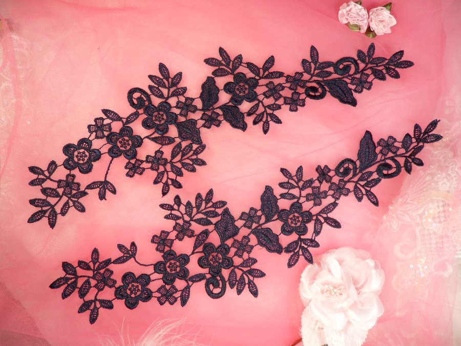Embroidered Lace Appliques Navy Blue Floral Venice Lace Mirror Pair 15 (DH80X)