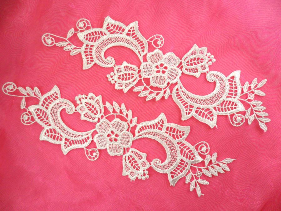 Embroidered Lace Appliques Antique Off White Floral Venice Lace Mirror Pair 10.5 (DH90X)