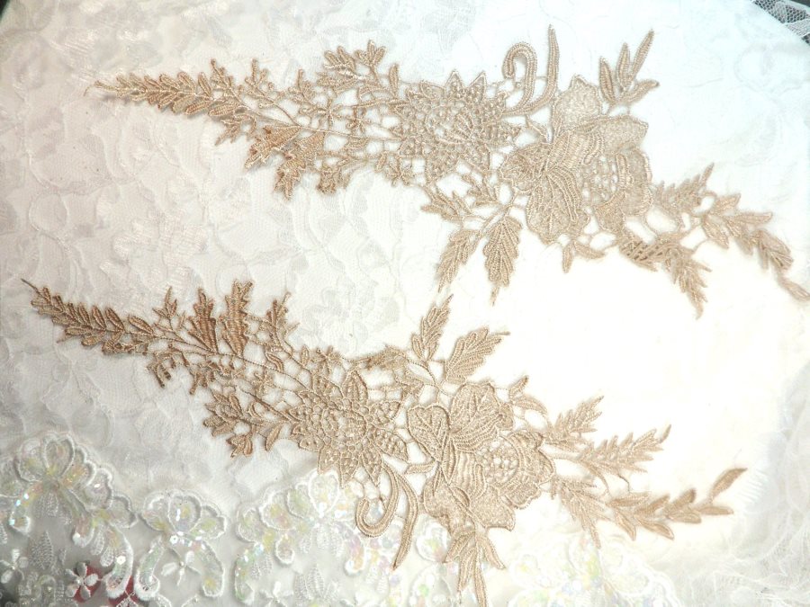 Embroidered Lace Appliques Champagne Romantic Rose Floral Venice Lace Mirror Pair 16 (DH83X)