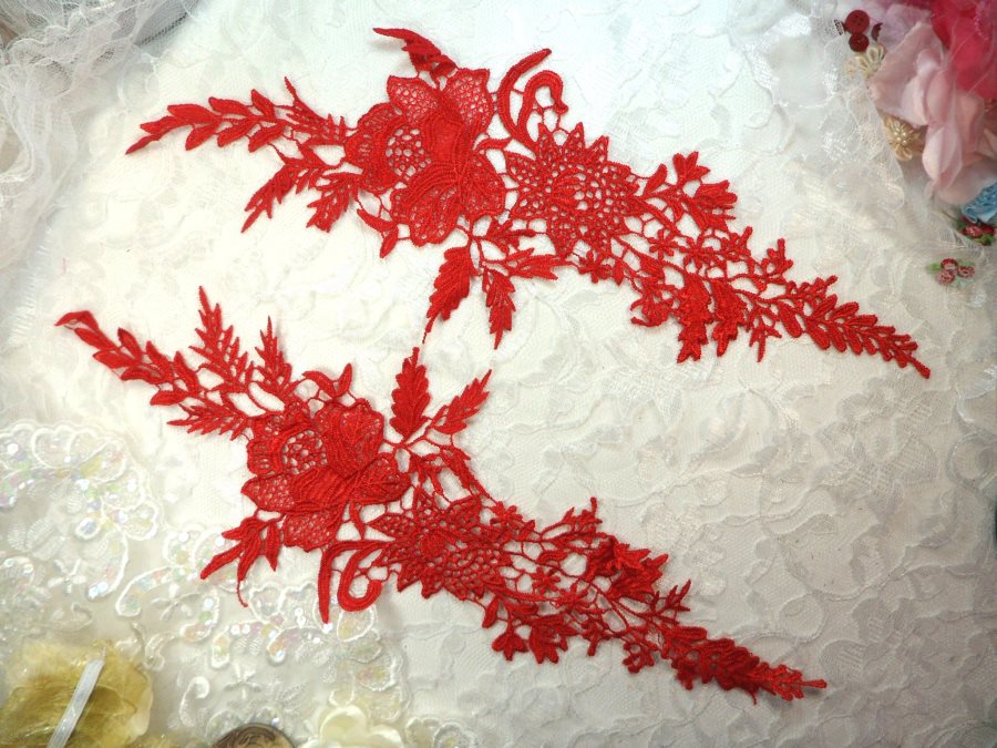 Embroidered Lace Appliques Red Rose Floral Venice Lace Mirror Pair
