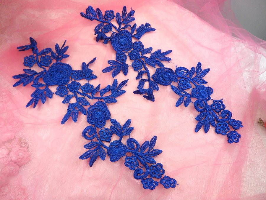 Romantic Roses Embroidered Lace Appliques Blue Floral Venice Lace Mirror Pair 13 (DH84X)