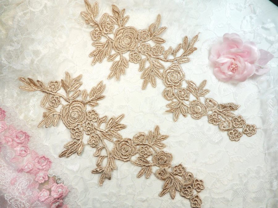 Romantic Roses Embroidered Lace Appliques Champagne Floral Venice Lace Mirror Pair 13 (DH84X)