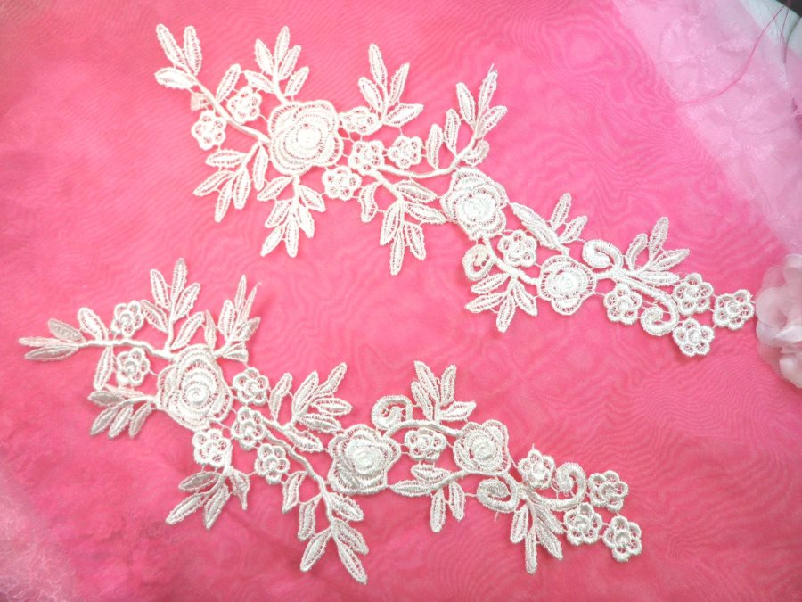 Romantic Roses Embroidered Lace Appliques Ivory Floral Venice Lace Mirror Pair 13 (DH84X)