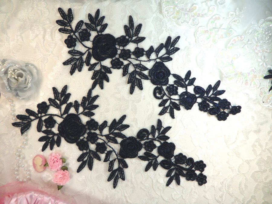 Romantic Roses Embroidered Lace Appliques Navy Floral Venice Lace Mirror Pair 13 (DH84X)