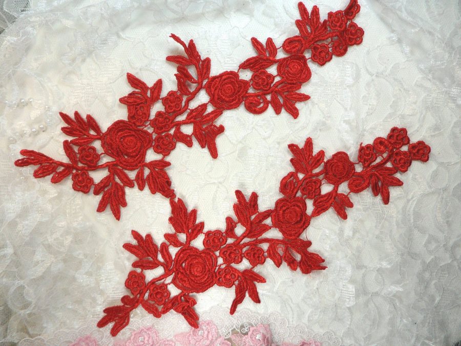 Embroidered Lace Appliques Red Floral Venice Lace Mirror Pair
