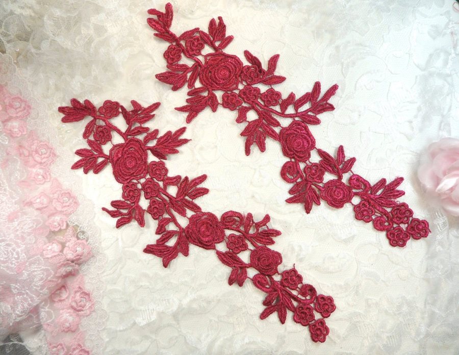 Romantic Roses Embroidered Lace Appliques Wine Floral Venice Lace Mirror Pair 13 (DH84X)