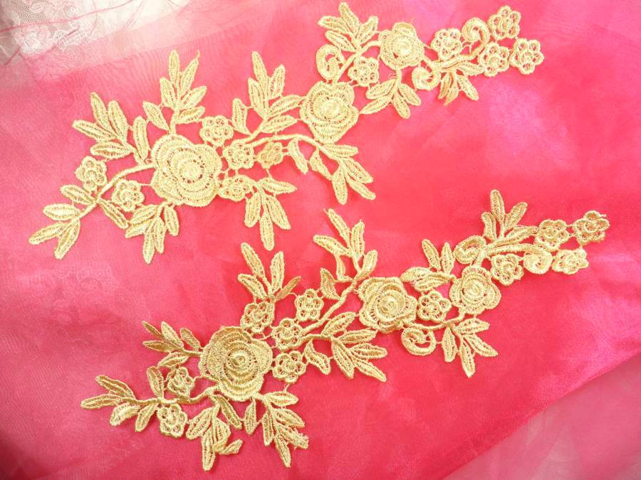 Romantic Roses Embroidered Lace Appliques Gold Floral Venice Lace Mirror Pair 13 (DH84X)