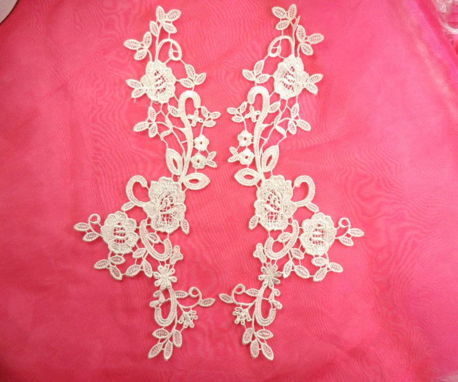 Embroidered Lace Appliques White Anitque Floral Venice Lace Mirror Pair Motifs 11 (DH100X)