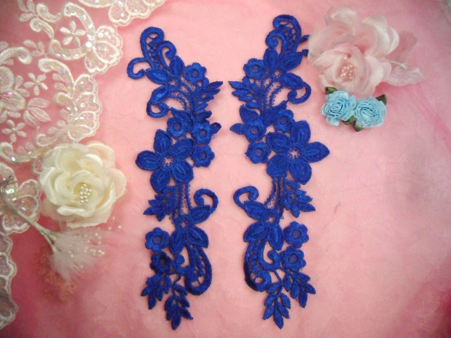 Embroidered Lace Appliques Blue Floral Venice Lace Mirror Pair 9.5 (DH86X)
