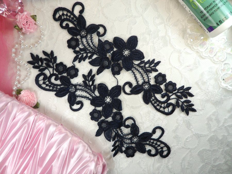 Embroidered Lace Appliques Navy Floral Venice Lace Mirror Pair 9.5 (DH86X)
