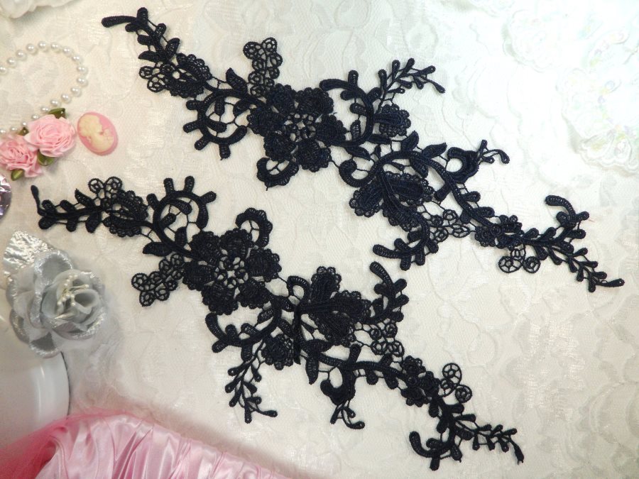 Embroidered Lace Appliques Navy Blue Floral Venice Lace Mirror Pair 13 (DH88X)