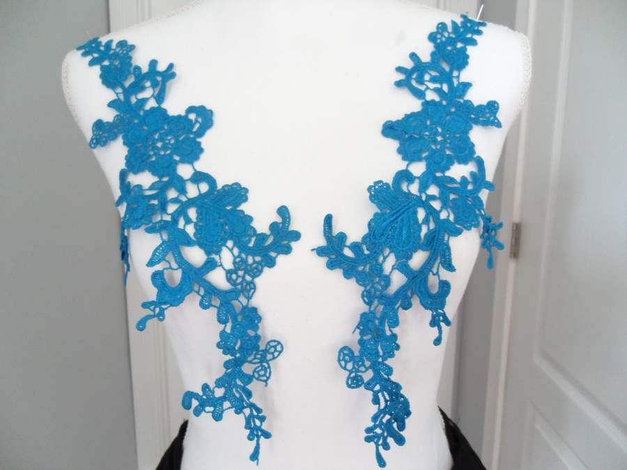 Embroidered Lace Appliques Turquoise Floral Venice Lace Mirror Pair 13 (DH88X)