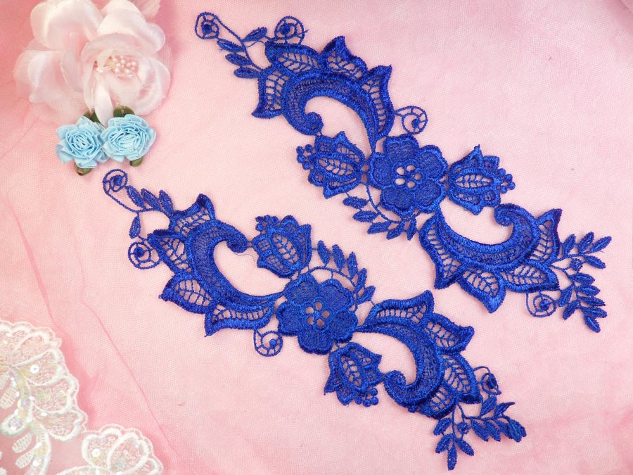 Embroidered Lace Appliques Blue Floral Venice Lace Mirror Pair 10.5 (DH90X)