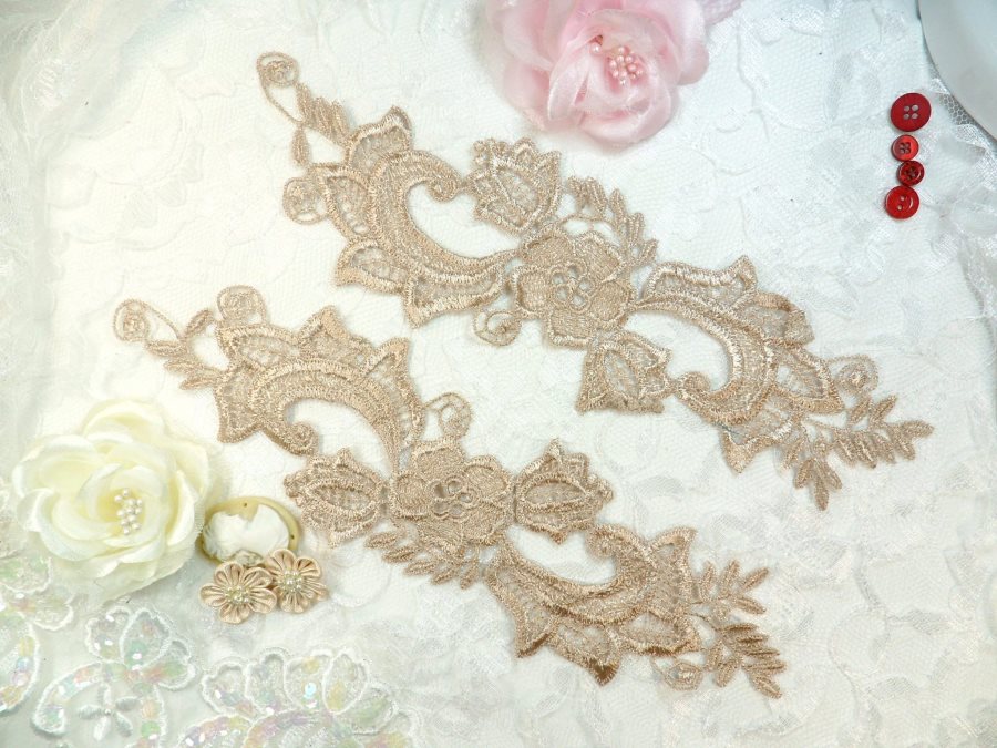 Embroidered Lace Appliques Champagne Floral Venice Lace Mirror Pair 10.5 (DH90X)