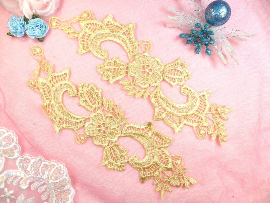 Embroidered Lace Appliques Gold Floral Venice Lace Mirror Pair 10.5 (DH90X)