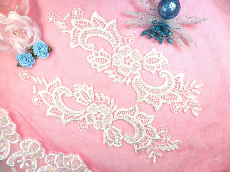 Embroidered Lace Appliques Ivory Floral Venice Lace Mirror Pair 10.5 (DH90X)