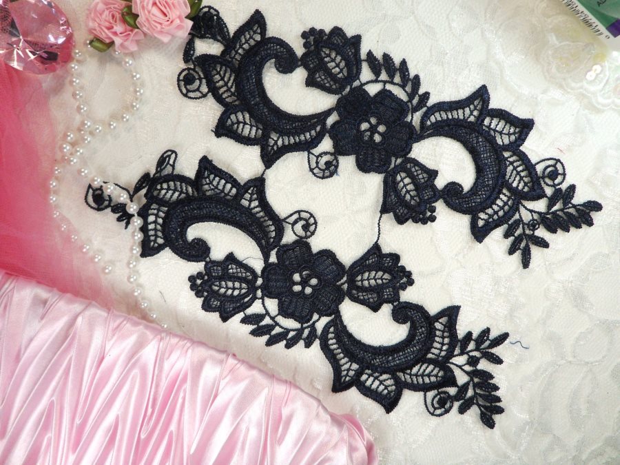 Embroidered Lace Appliques Navy Blue Floral Venice Lace Mirror Pair 10.5 (DH90X)