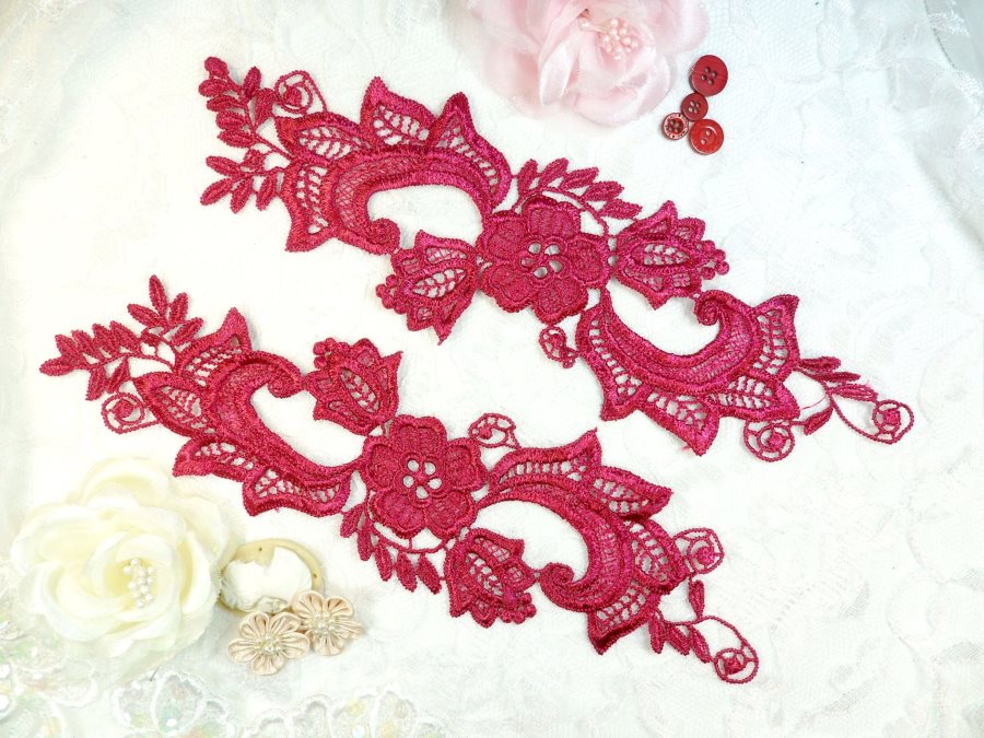 Embroidered Lace Appliques Wine Floral Venice Lace Mirror Pair 10.5 (DH90X)
