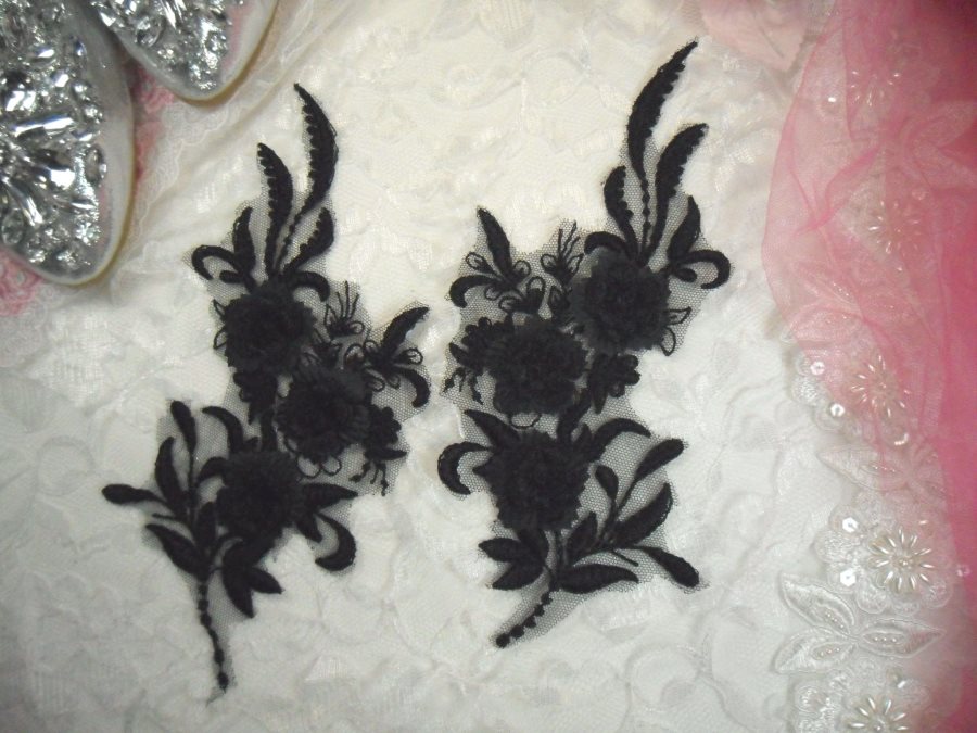 3D Lace Appliques Black Floral Embroidered Mirror Pair 8 (DH92X)
