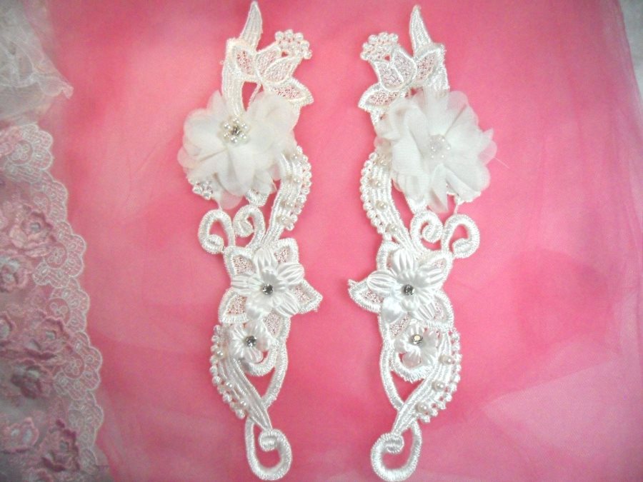 3D Venice Lace Applique White Floral Venise Lace with Crystal Rhinestones and Pearls 10 (DH97X)
