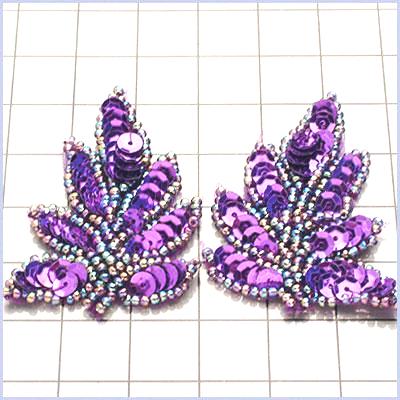 FS476S Leaf Appliques Sequin Purple Amethyst Mirror Pair Beaded Motif 2\